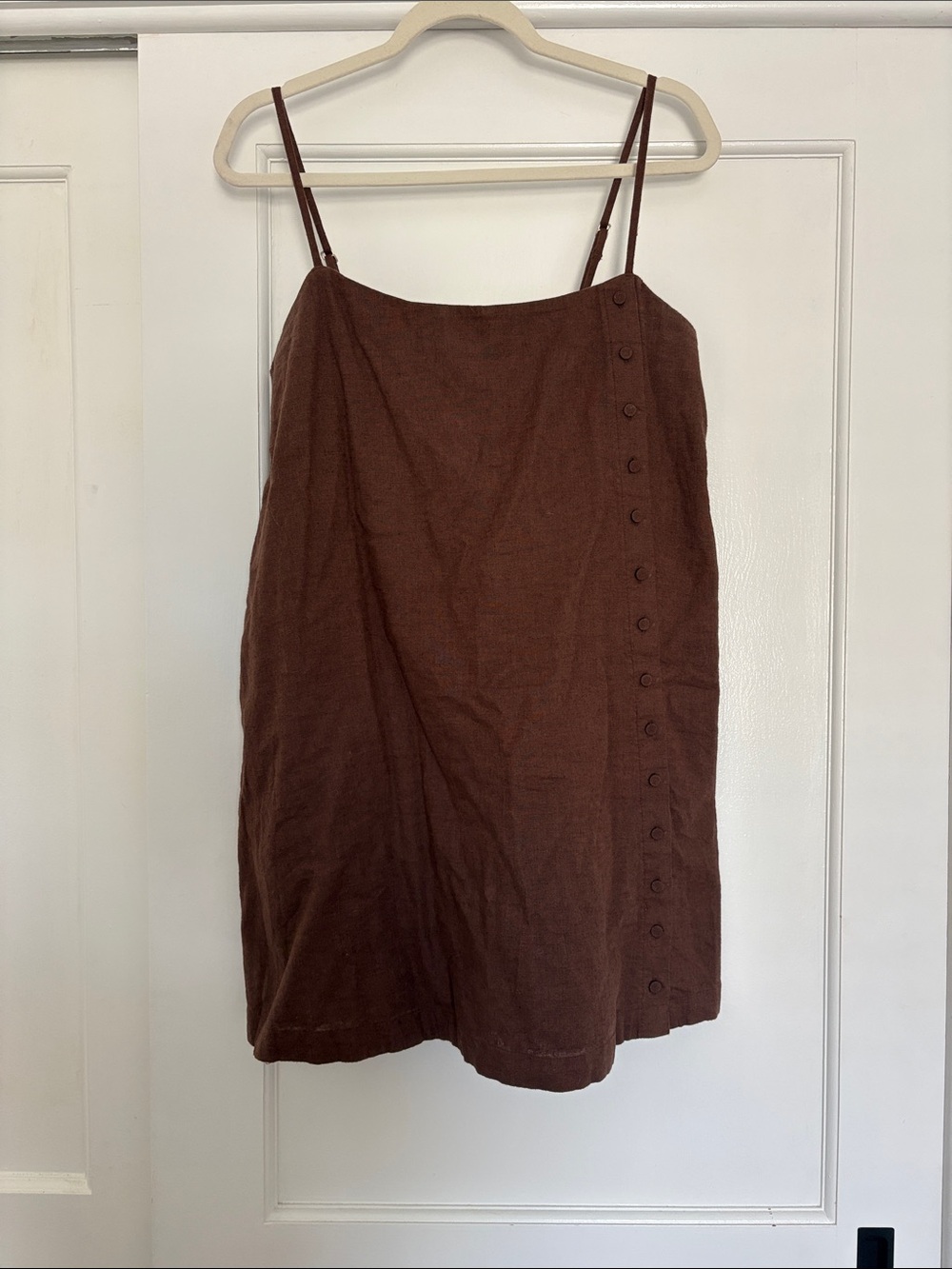 Brown Linen Romper Dress with Pockets